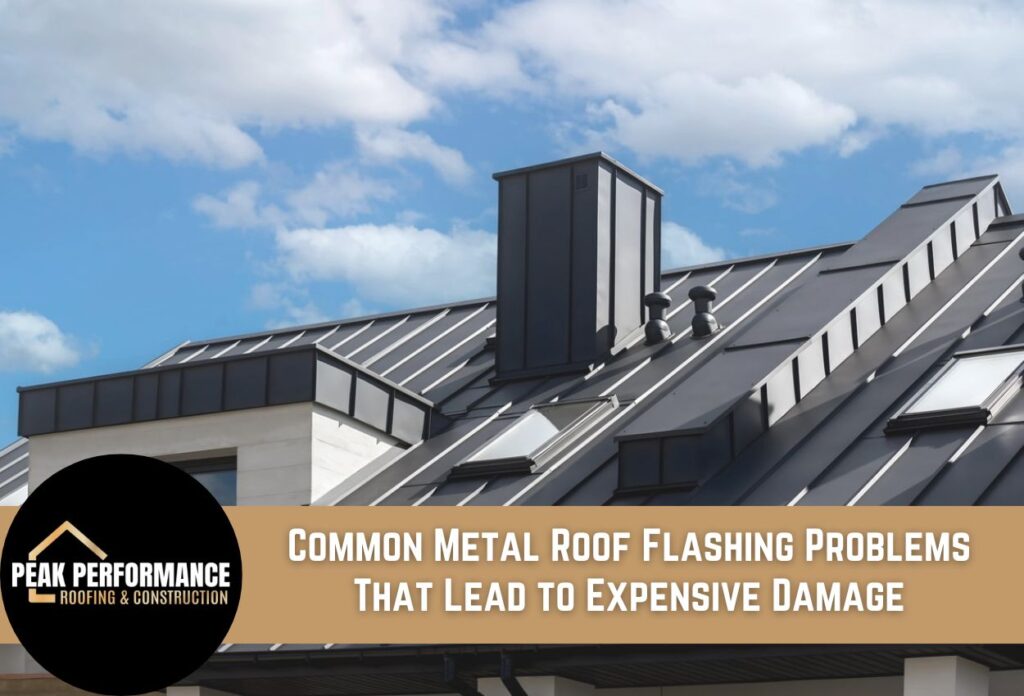 Modern metal roof with flashing issues and chimney against cloudy blue sky