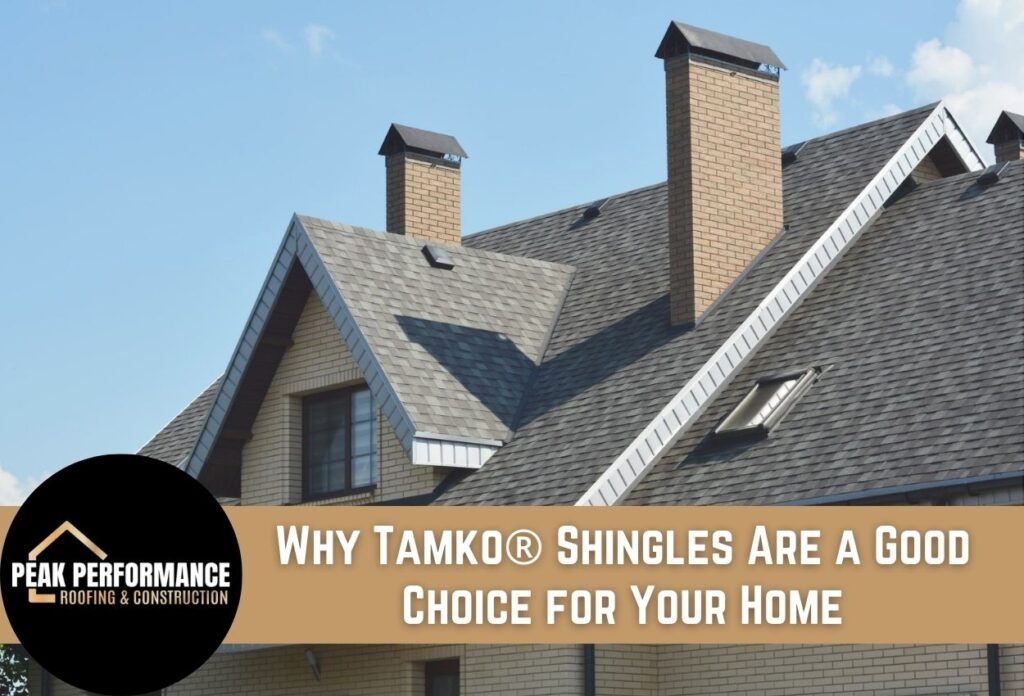 Modern home with Tamko shingles, brick chimneys and white trim against blue sky