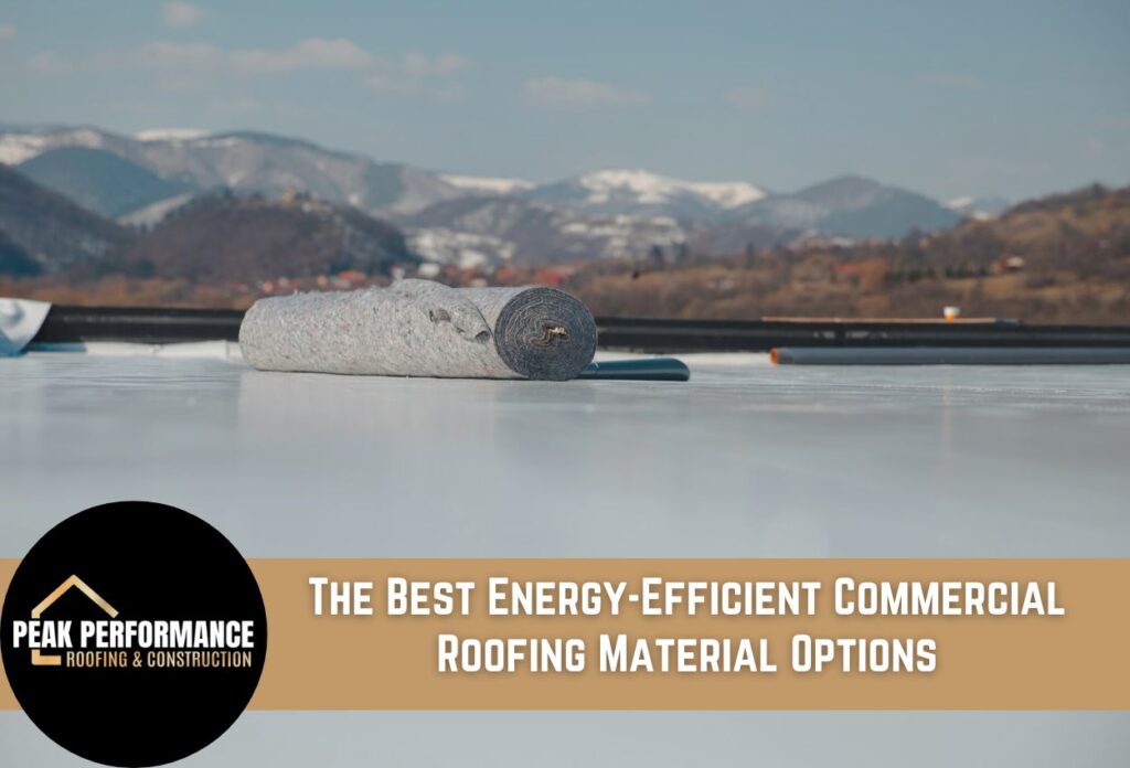 Commercial roofing insulation material roll on flat roof with mountain backdrop