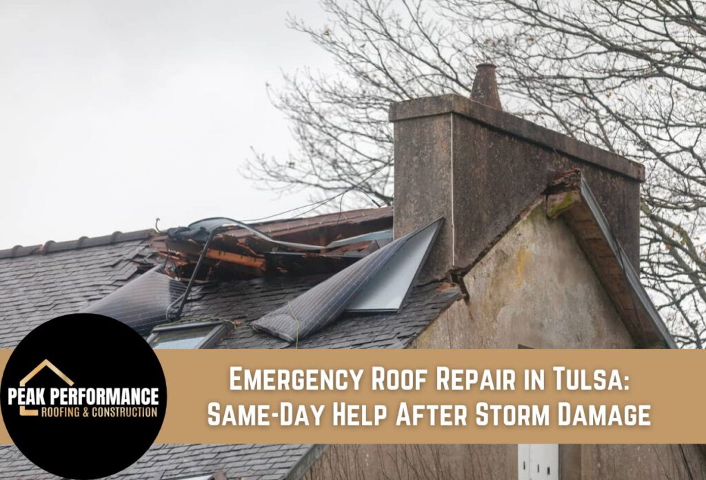 Damaged roof in Tulsa needing emergency repair after storm damage.