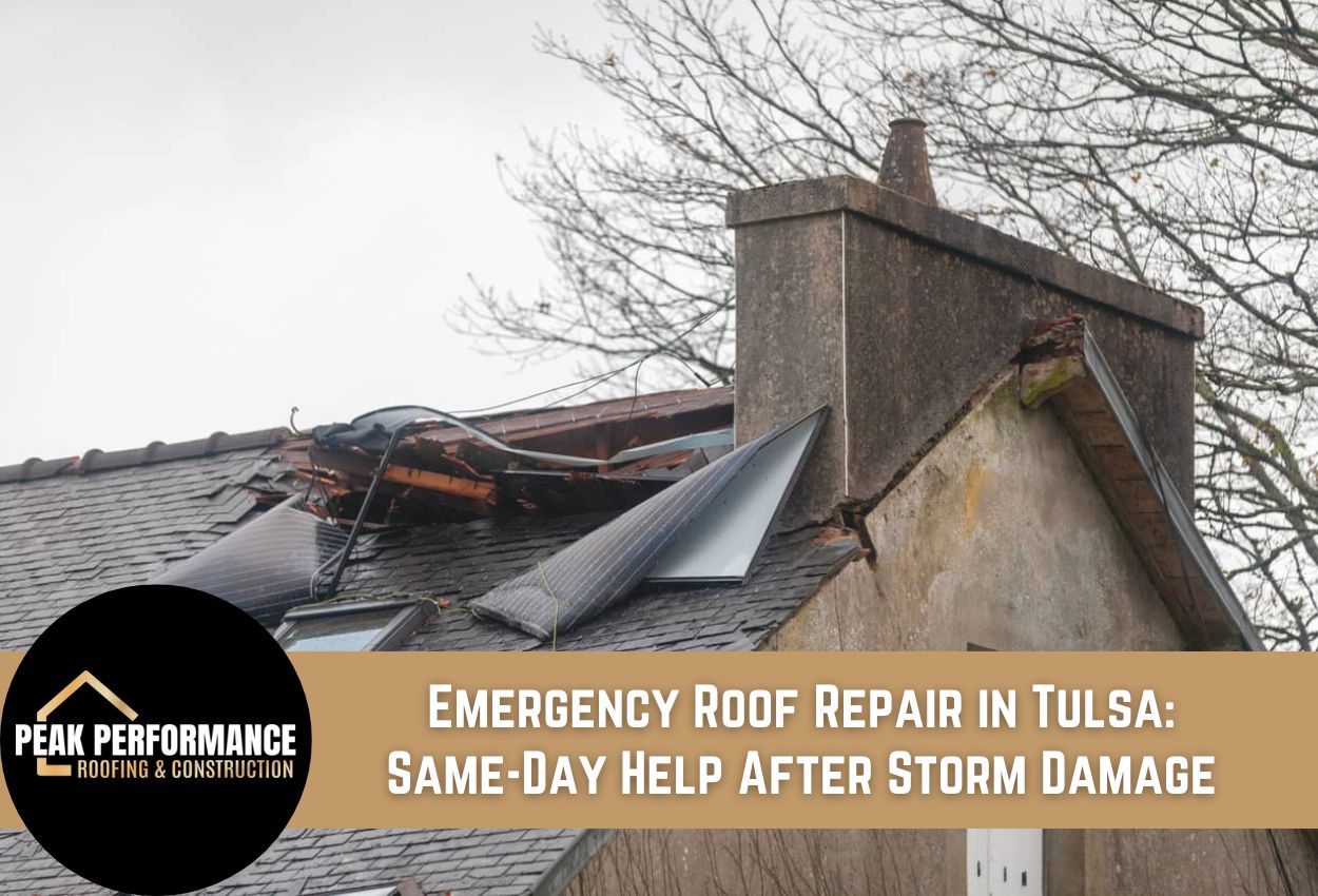 Damaged roof in Tulsa needing emergency repair after storm damage.