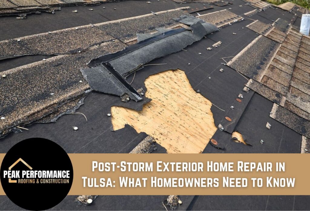 Damaged roof needing repair after a storm in Tulsa area.