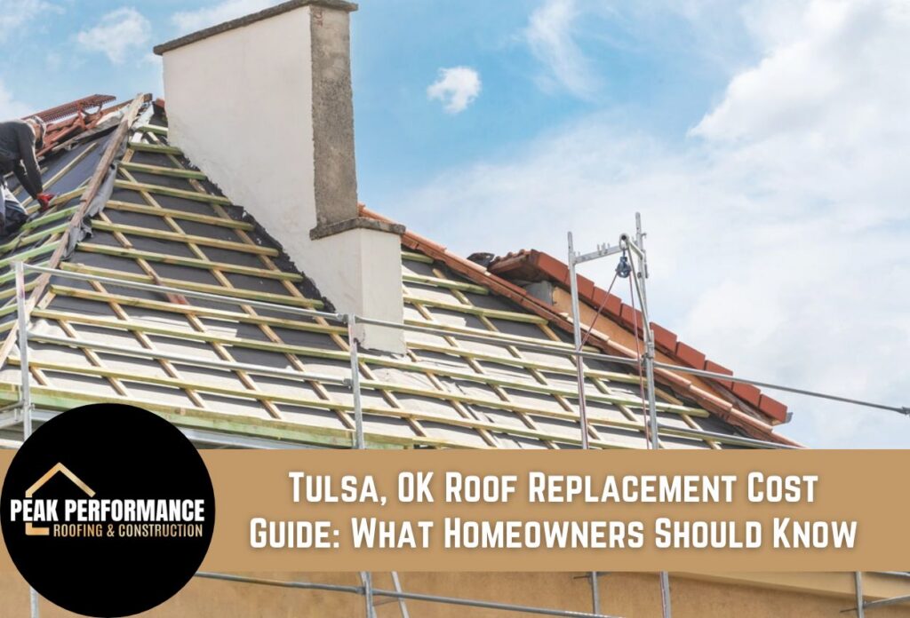 Roof replacement in process with scaffolding and chimney in Tulsa, OK.