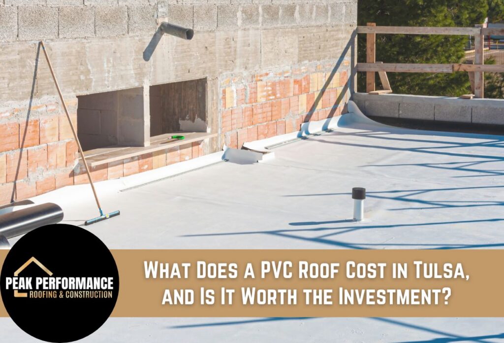 PVC roofing installed on a flat rooftop with construction tools