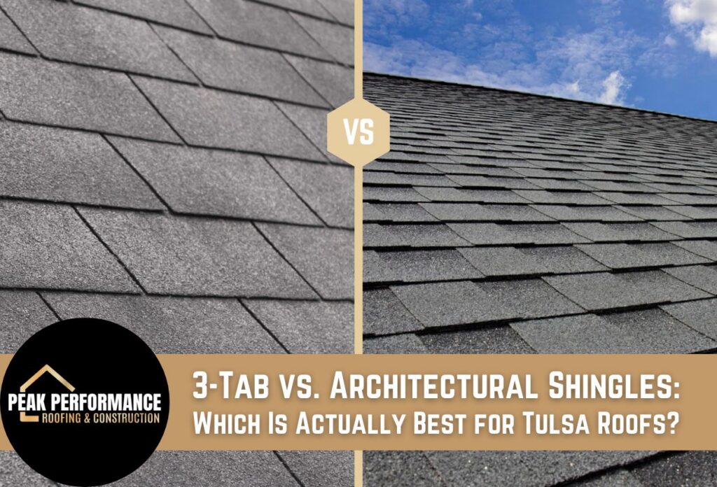 Comparison of 3-tab and architectural roof shingles on a sunny day.
