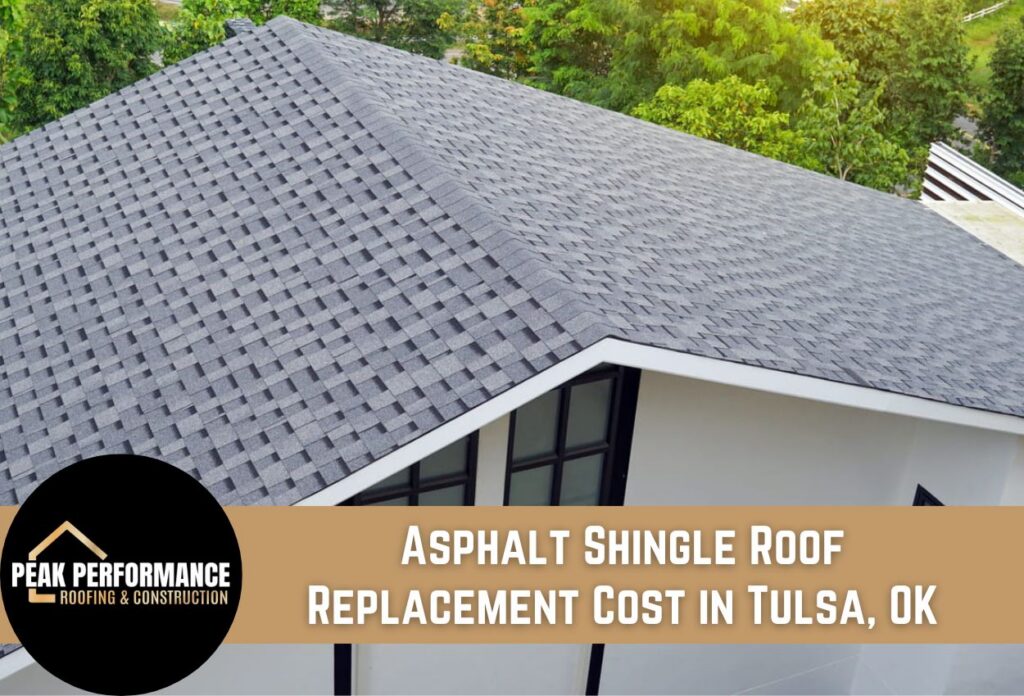 Asphalt shingle roof on a white house surrounded by trees in Tulsa, OK.