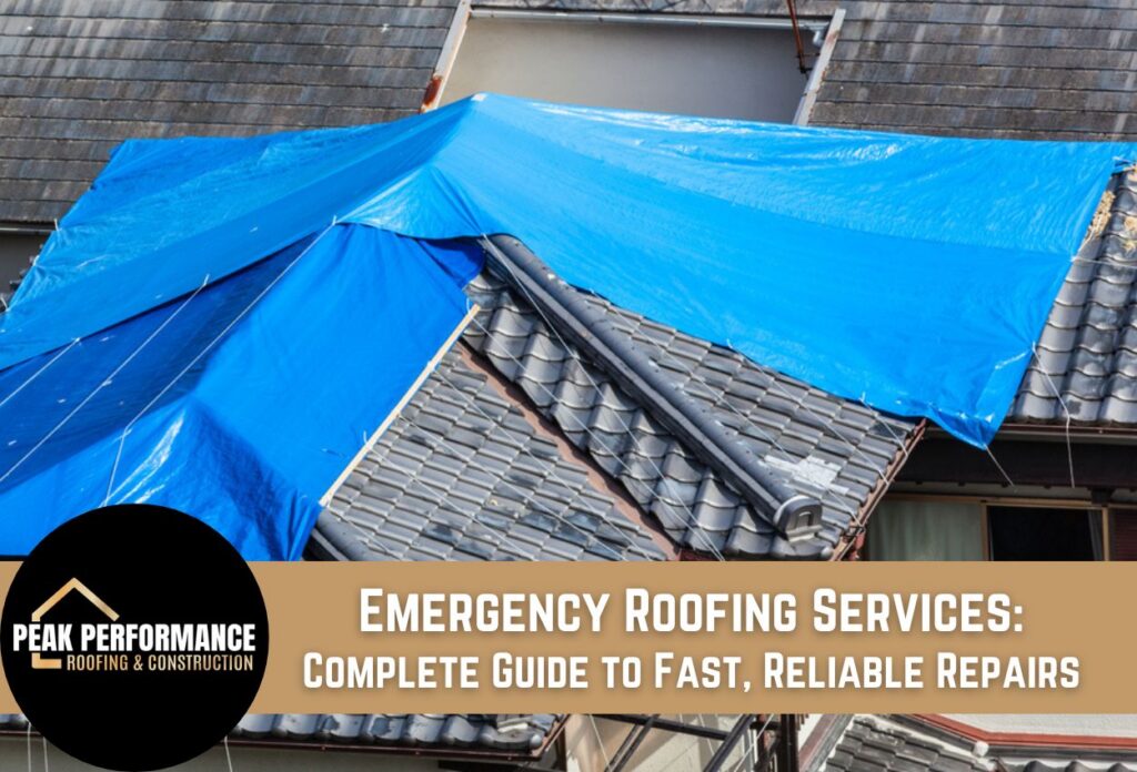 Temporary blue tarp covers roof for emergency repair services.