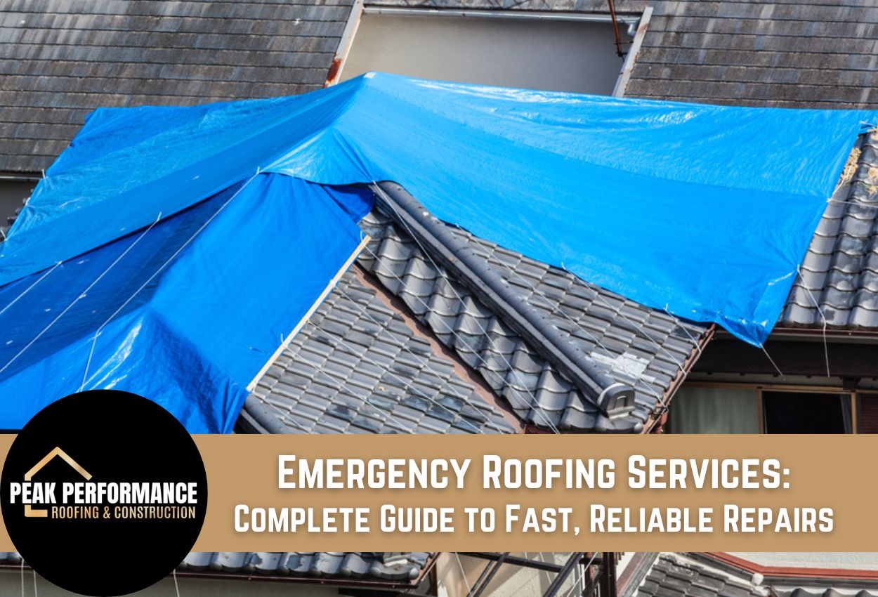 Temporary blue tarp covers roof for emergency repair services.