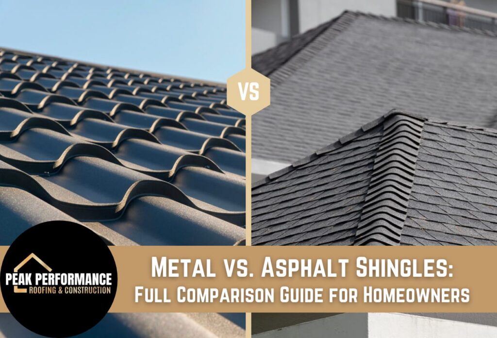 Comparison image of metal roofing and asphalt shingles