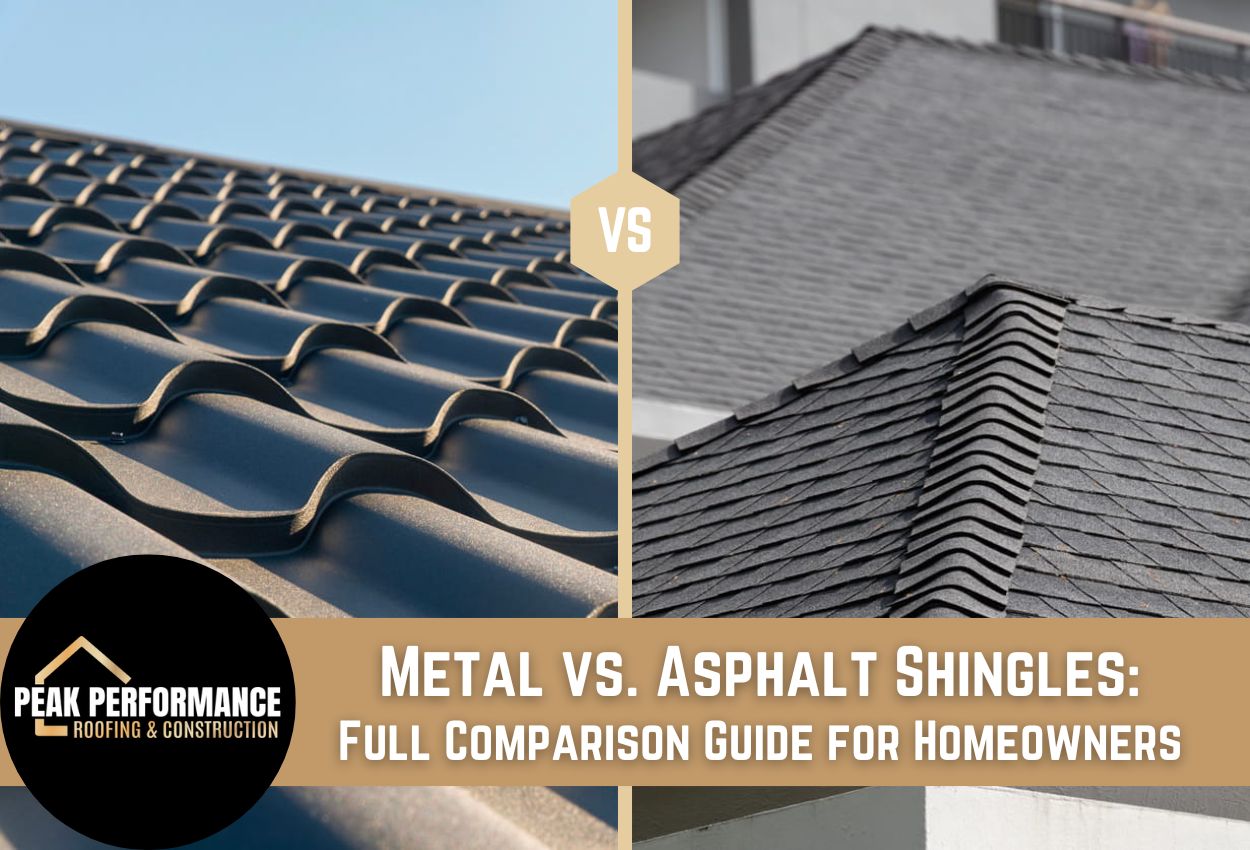 Comparison image of metal roofing and asphalt shingles