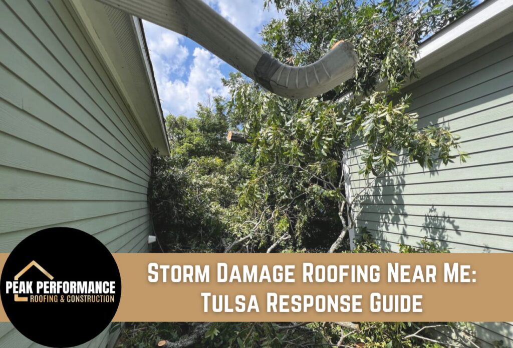 Storm-damaged roof and fallen tree branches near Tulsa home