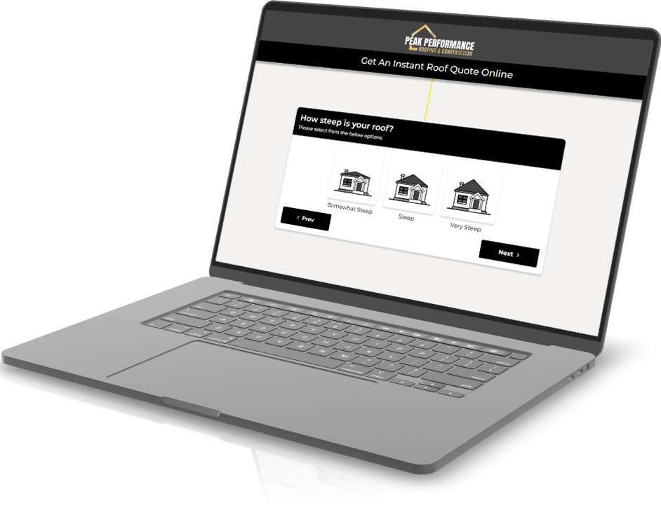 Laptop displaying online roof quote tool with roof steepness options.